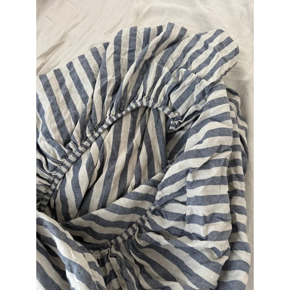 Piglet in Bed Blue Striped Linen Cotton Fitted Sheet US Queen / UK King Size